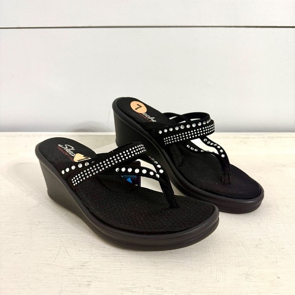 Skechers Black Rhinestone Cali Rumblers Comfort Slip On Wedge Sandals Size 7 - Picture 8 of 16